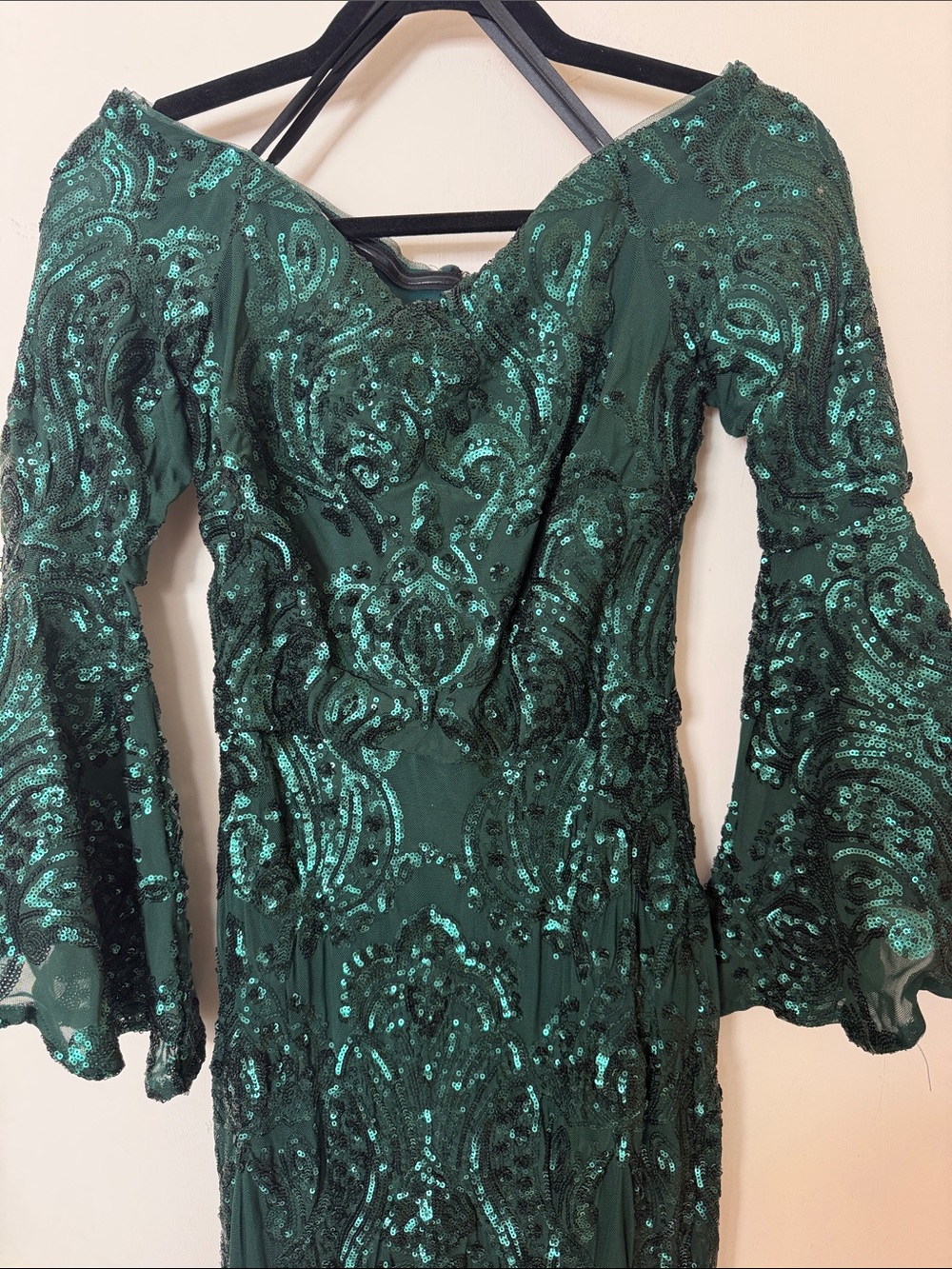 Betsy & Adam Emerald Sequin Long-Sleeve Bell-Sleeve Evening Gown